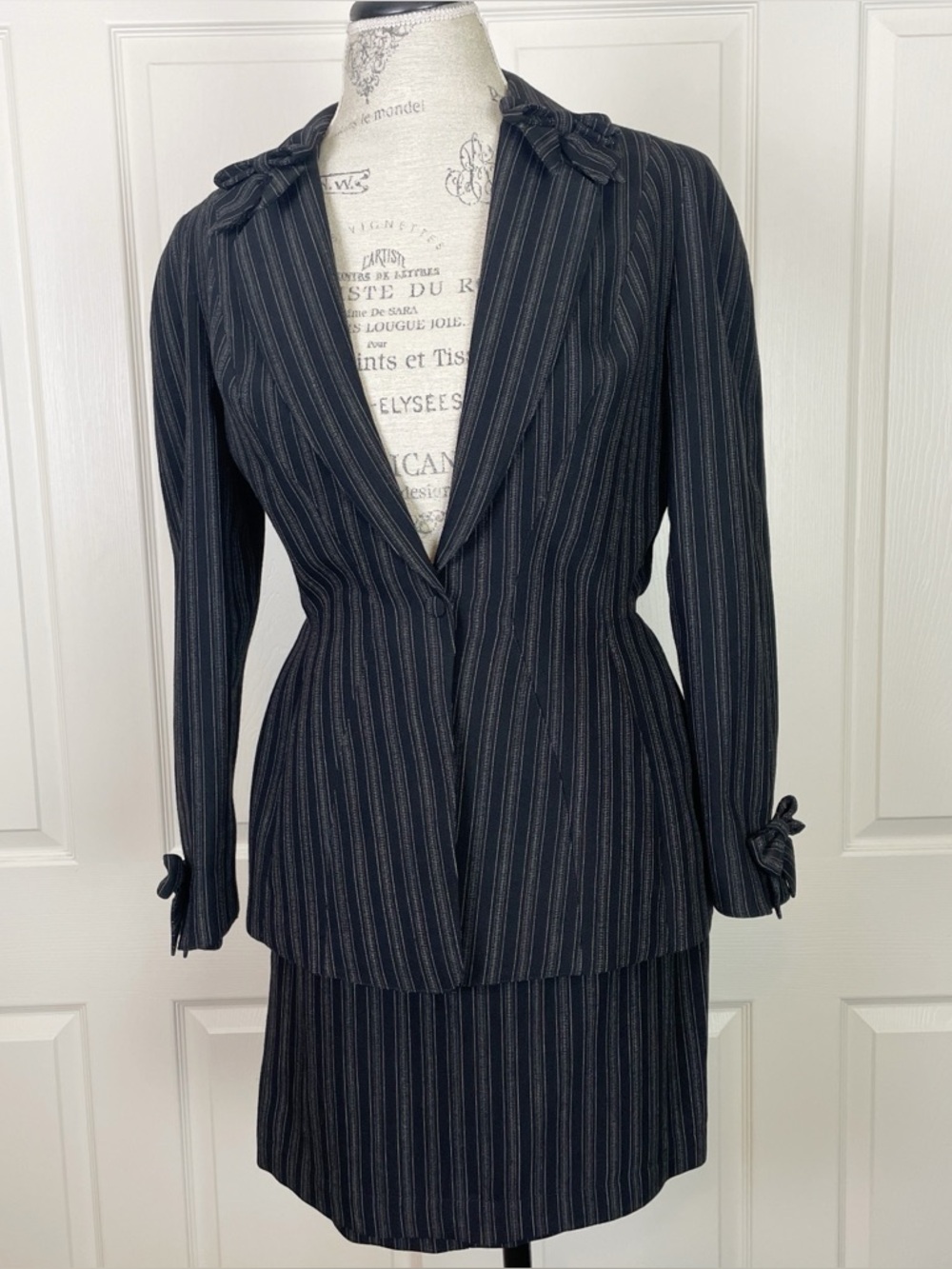 Thierry Mugler VINTAGE 2 Pc Pinstripe Wool Skirt Suit 90s FR42/8-10